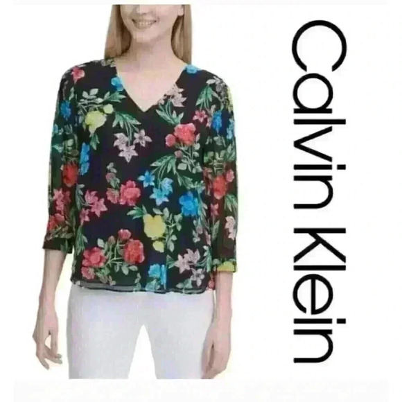 Calvin Klein‎ Light weight BLACK FLORAL V Neck Blouse Top LARGE - Picture 3 of 7